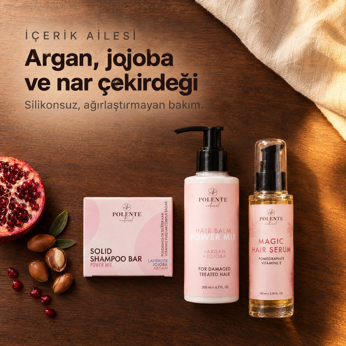 Yıpranmış Saçlar İçin Süper Bakım Seti — İçerik ailesi: argan, jojoba ve nar çekirdeği