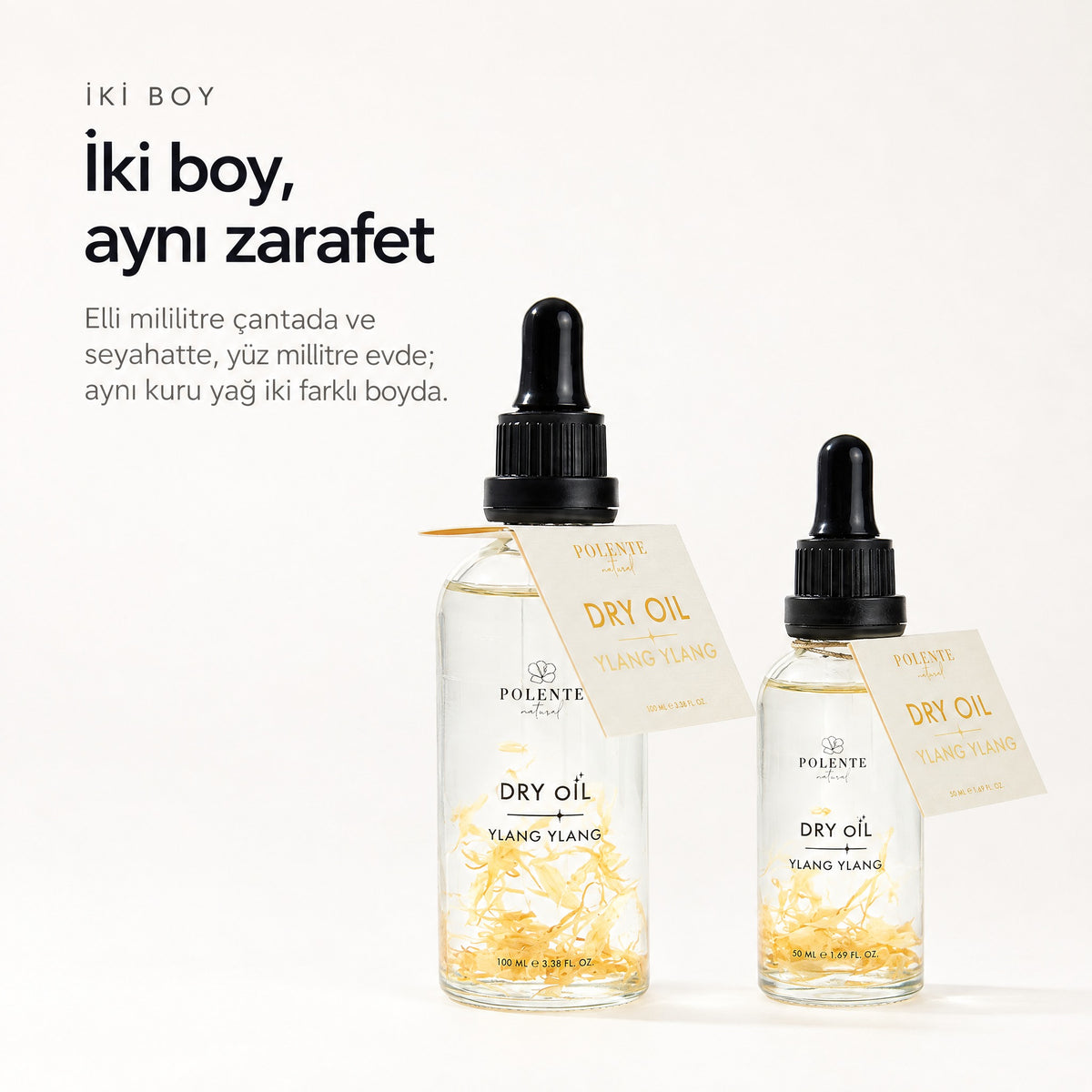Ylang Ylang Dry Oil 100 ml çok amaçlı kuru yağ — İki boy, aynı zarafet