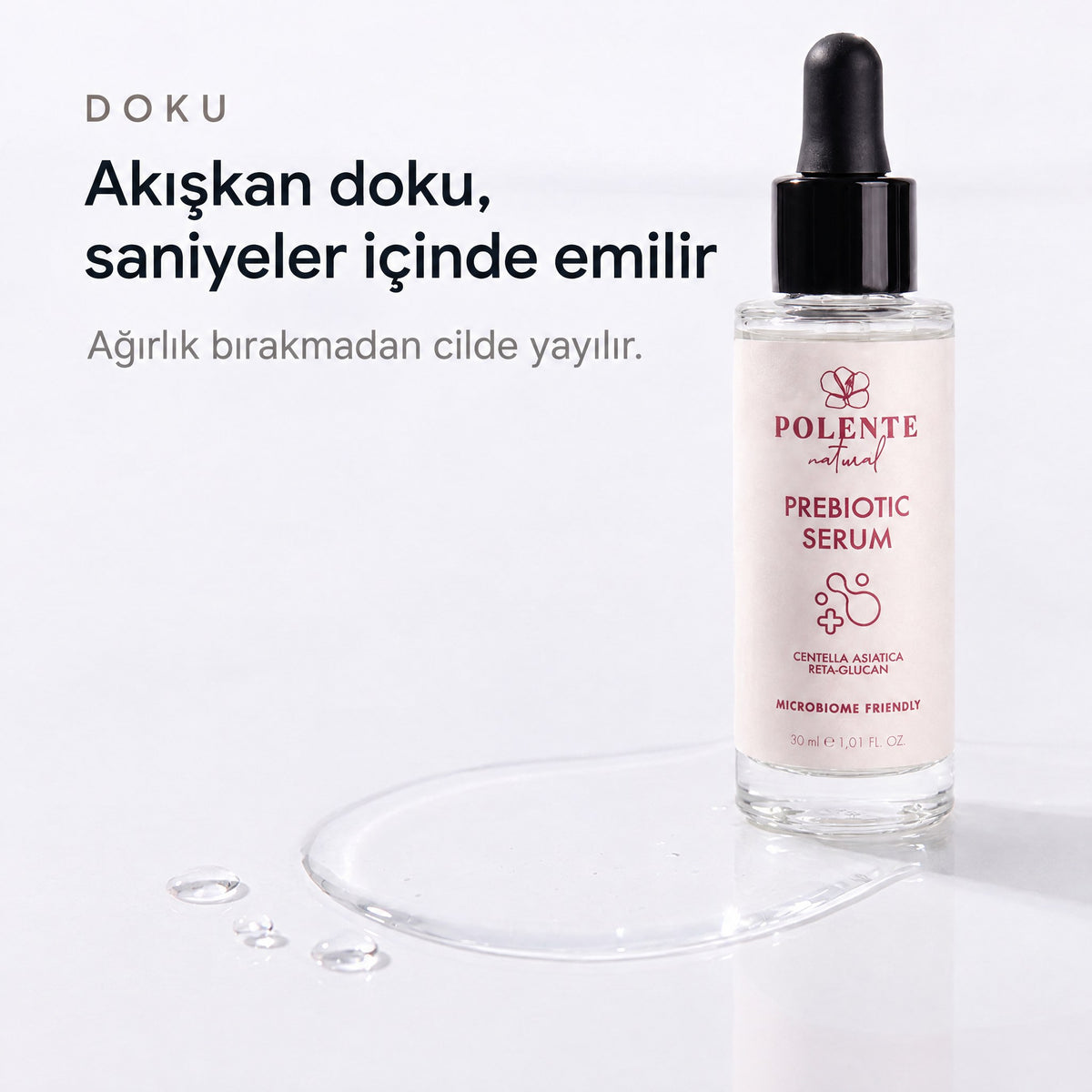 PREBIOTIC SERUM 30 ml — akışkan serum dokusu makro detay