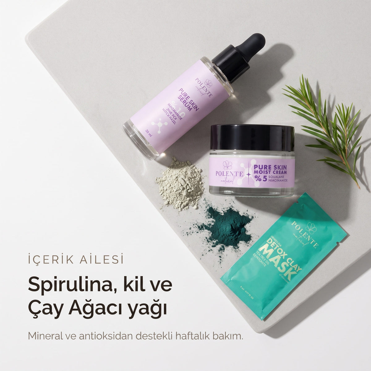 Detoks Kil Maskeli Pure Skin Seti — Spirulina, kil ve Çay Ağacı yağı
