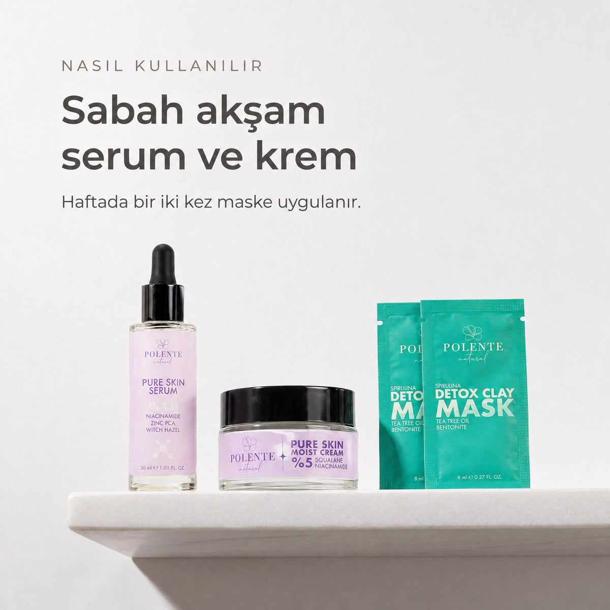 Detoks Kil Maskeli Pure Skin Seti — sabah akşam serum ve krem, haftalık maske