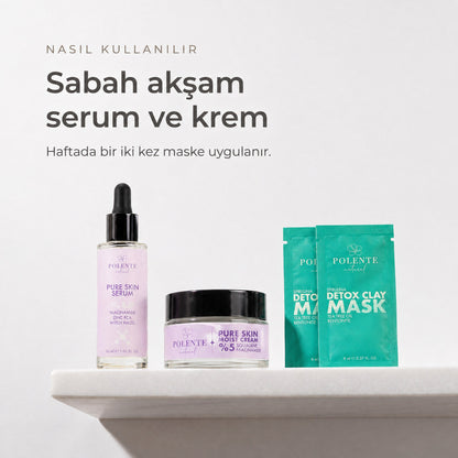 Detoks Kil Maskeli Pure Skin Seti — sabah akşam serum ve krem, haftalık maske