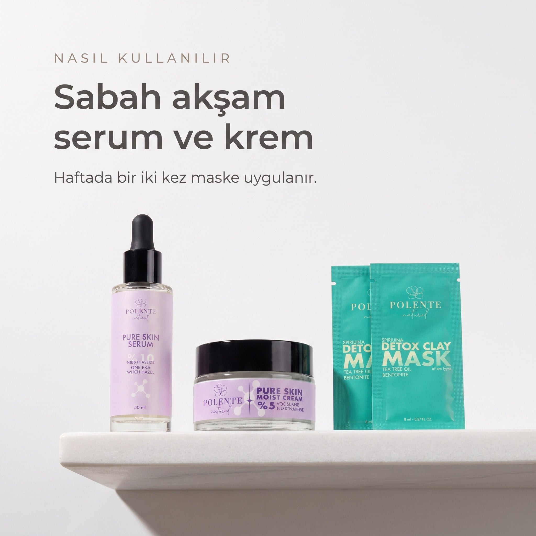 Detoks Kil Maskeli Pure Skin Seti — sabah akşam serum ve krem, haftalık maske