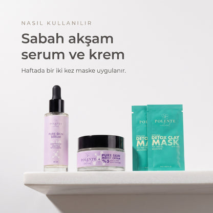Detoks Kil Maskeli Pure Skin Seti — sabah akşam serum ve krem, haftalık maske