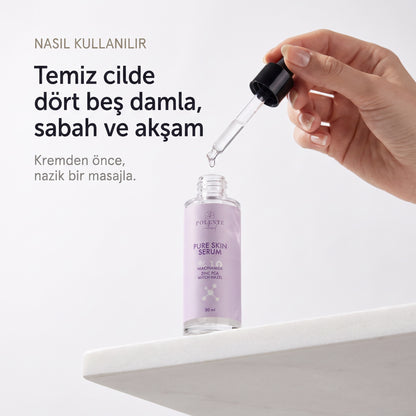 PURE SKIN SERUM 30 ml — temiz cilde dört beş damla, sabah ve akşam kullanım