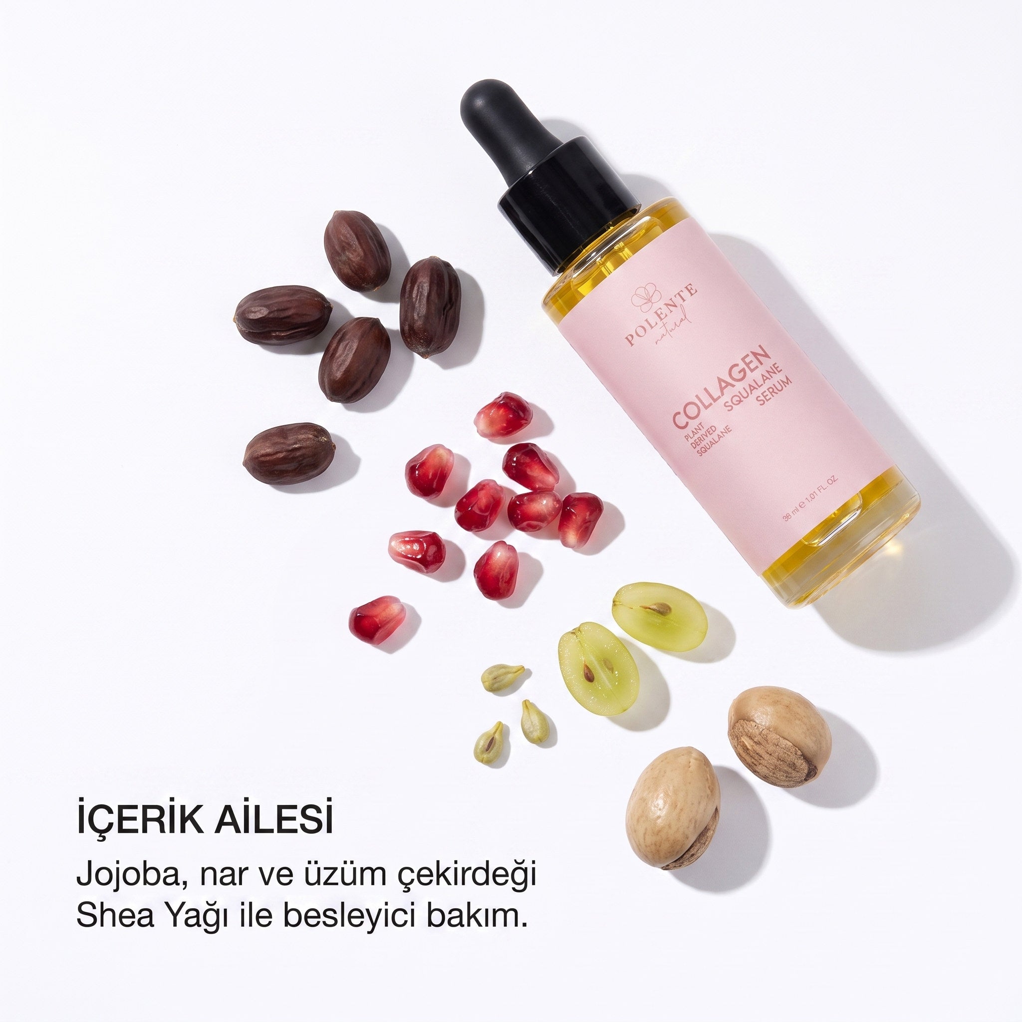 Collagen &amp; Squalane Serum 30 ml — jojoba, nar ve üzüm çekirdeği ile shea yağı içerik ailesi