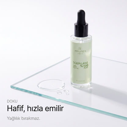 %100 Pure Squalane 30 ml — hafif doku, hızla emilir, cam levha üzerinde ince yayılan yağ