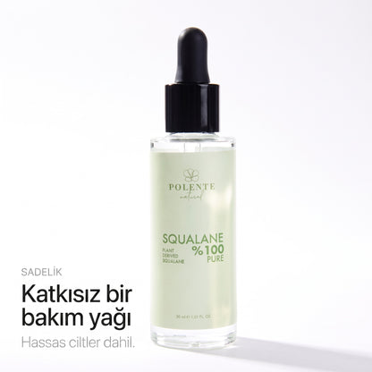 %100 Pure Squalane 30 ml — katkısız bakım yağı, arkadan ışıkta berrak cam şişe