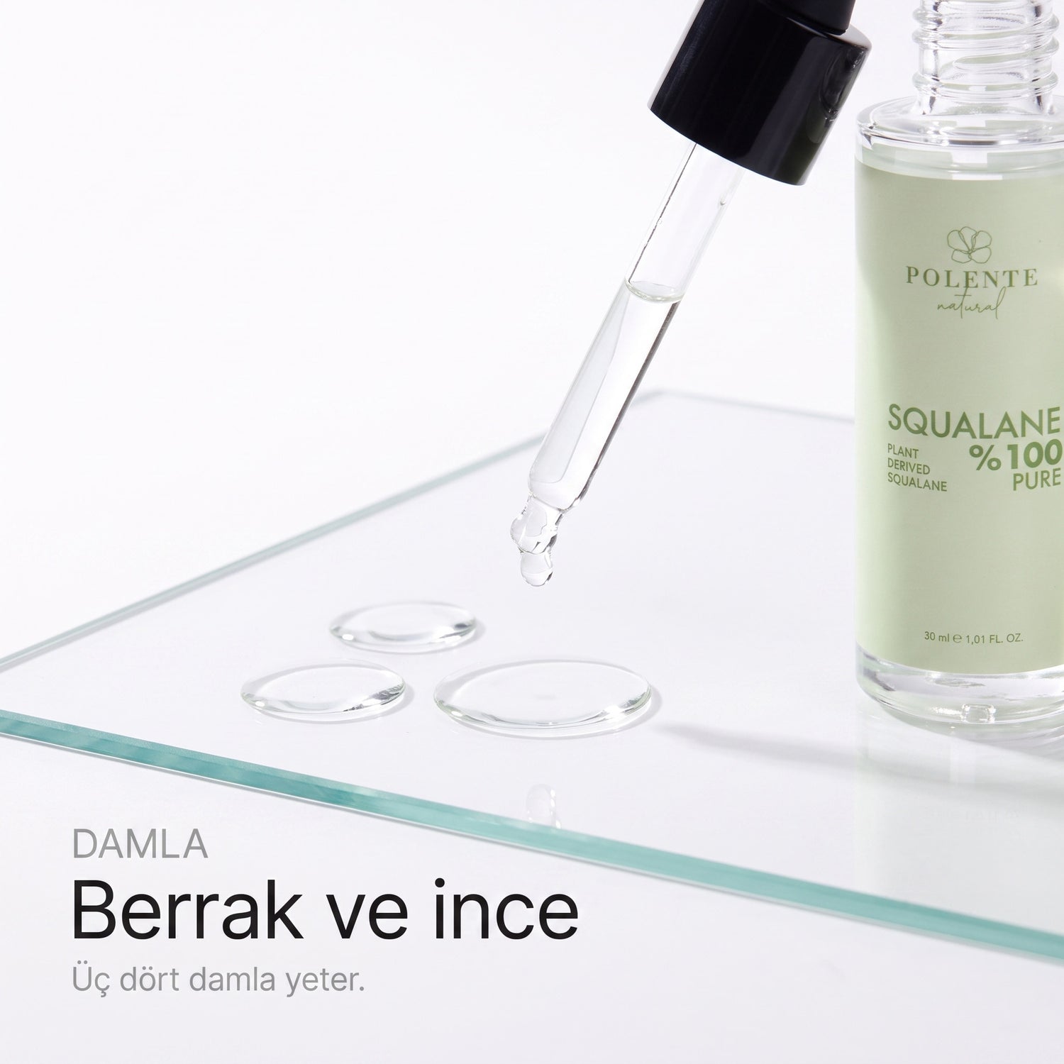%100 Pure Squalane 30 ml — berrak ve ince damla, makro detay