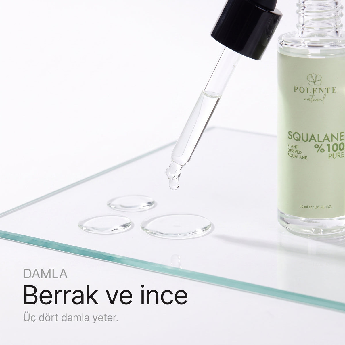 %100 Pure Squalane 30 ml — berrak ve ince damla, makro detay