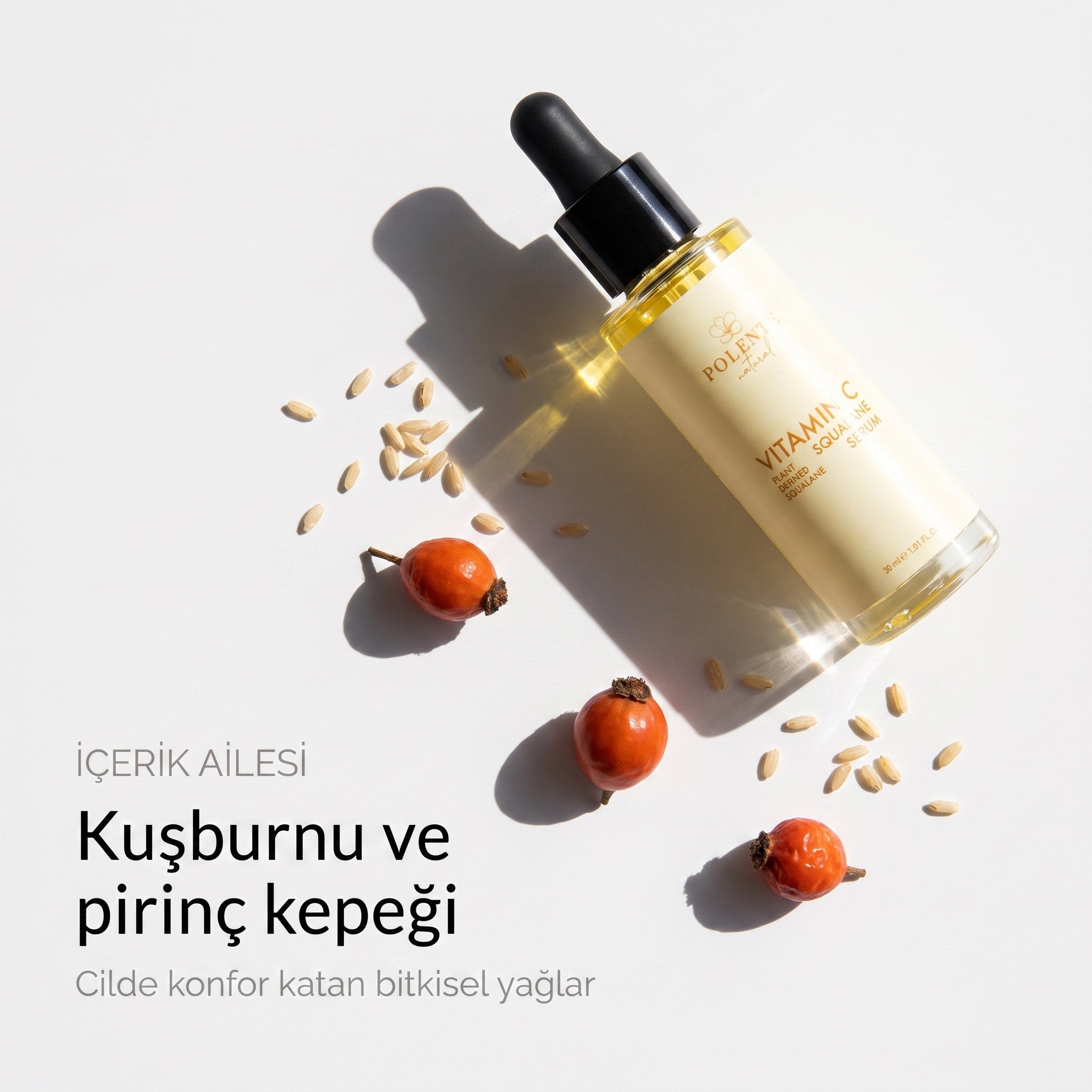 C Vitamin &amp; Squalane Serum 30 ml — kuşburnu ve pirinç kepeği içerik ailesi