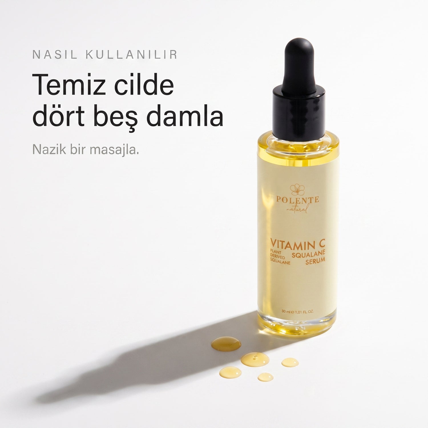 C Vitamin &amp; Squalane Serum 30 ml — temiz cilde dört beş damla, nazik bir masajla